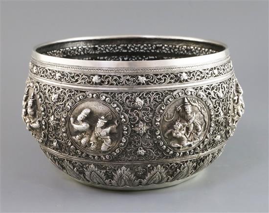 A late 19th century unusual Burmese reticulated silver bowl, 37 oz.